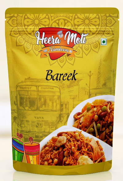 Heera Moti Bareek Sev packet - Fine crispy besan nylon sev for snacks and chaat sprinkled as a crunchy topping on poha and chaat